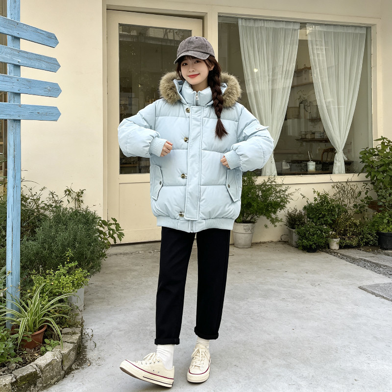 水蓝色减龄冬季大毛领连帽加厚保暖防寒慵懒风棉服外套女面包服潮