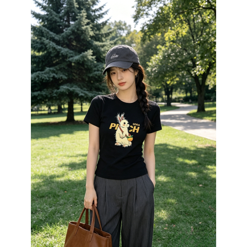 夏季正肩圆领修身显瘦短款小众短袖T恤上衣女洋气百搭气质韩版潮