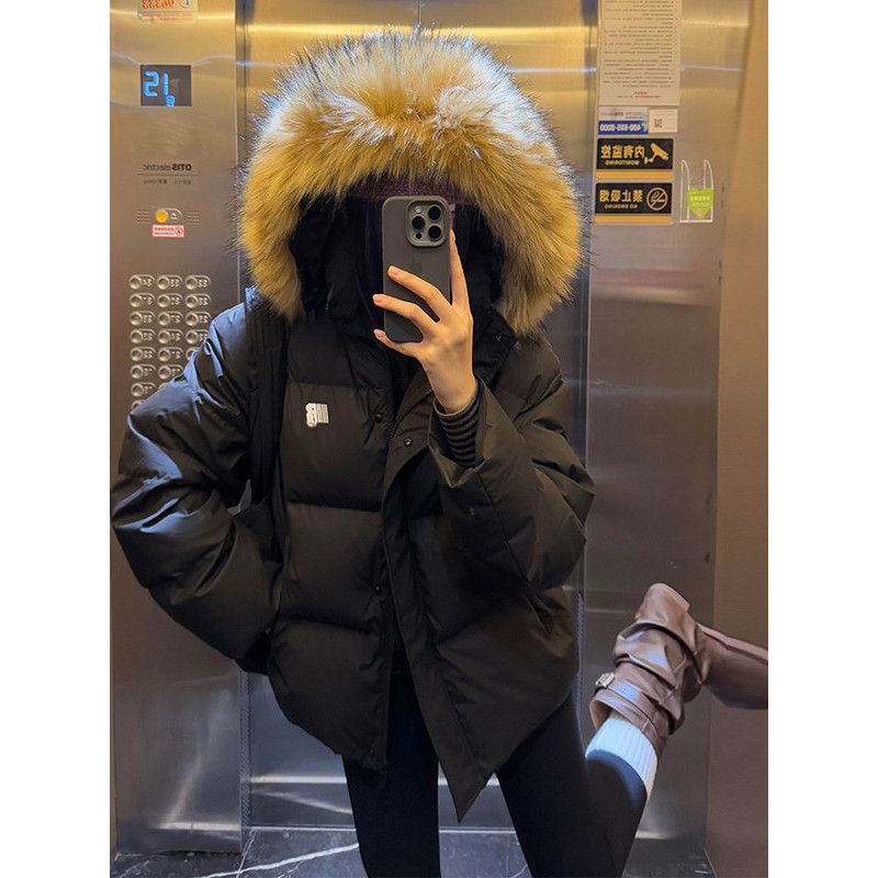连帽毛领冬季加厚保暖防寒宽松大码小个子工装派克棉服外套女棉袄