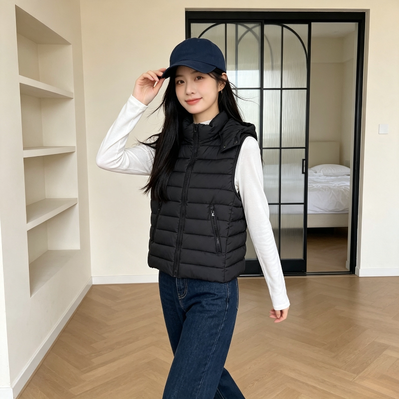 欧货秋冬设计感修身显瘦轻薄款保暖防寒排骨棉服马夹外套女小个子