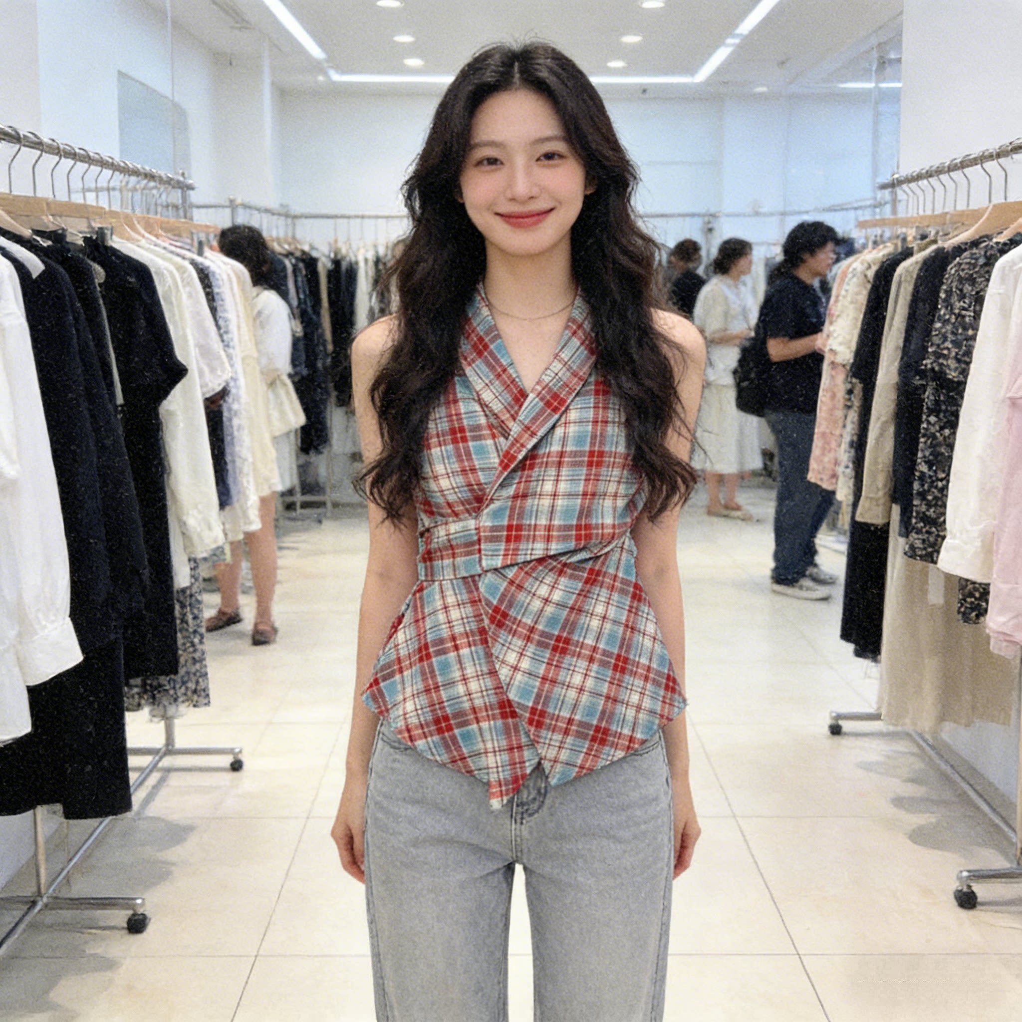 法式复古格子露肩挂脖无袖上衣女夏季设计感小众收腰背心高级感潮