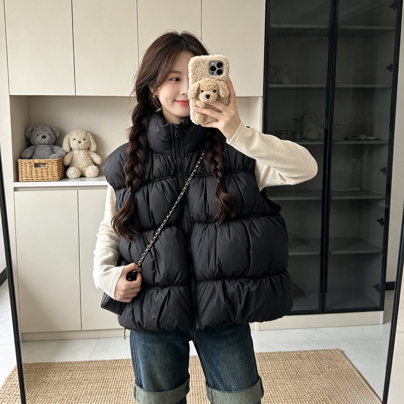 秋冬设计感港风立领宽松大码小个子无袖坎肩棉服马夹外套女休闲潮