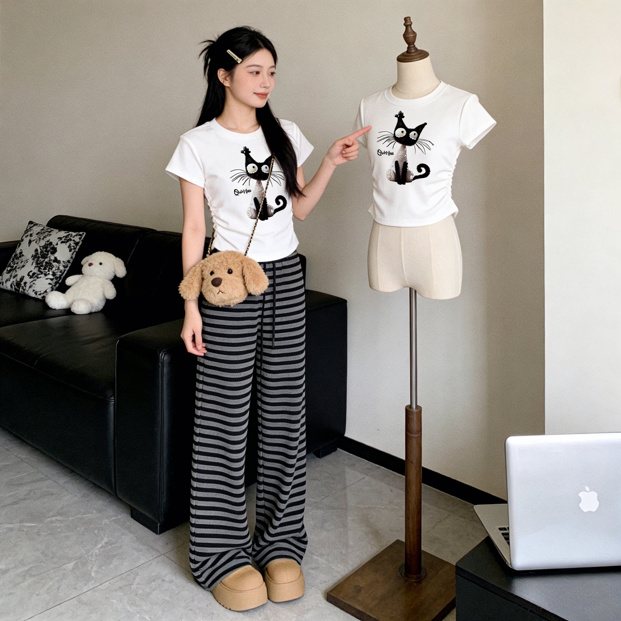 卡通小猫咪正肩短袖T恤女夏季新款多巴胺小个子修身显瘦体恤上衣