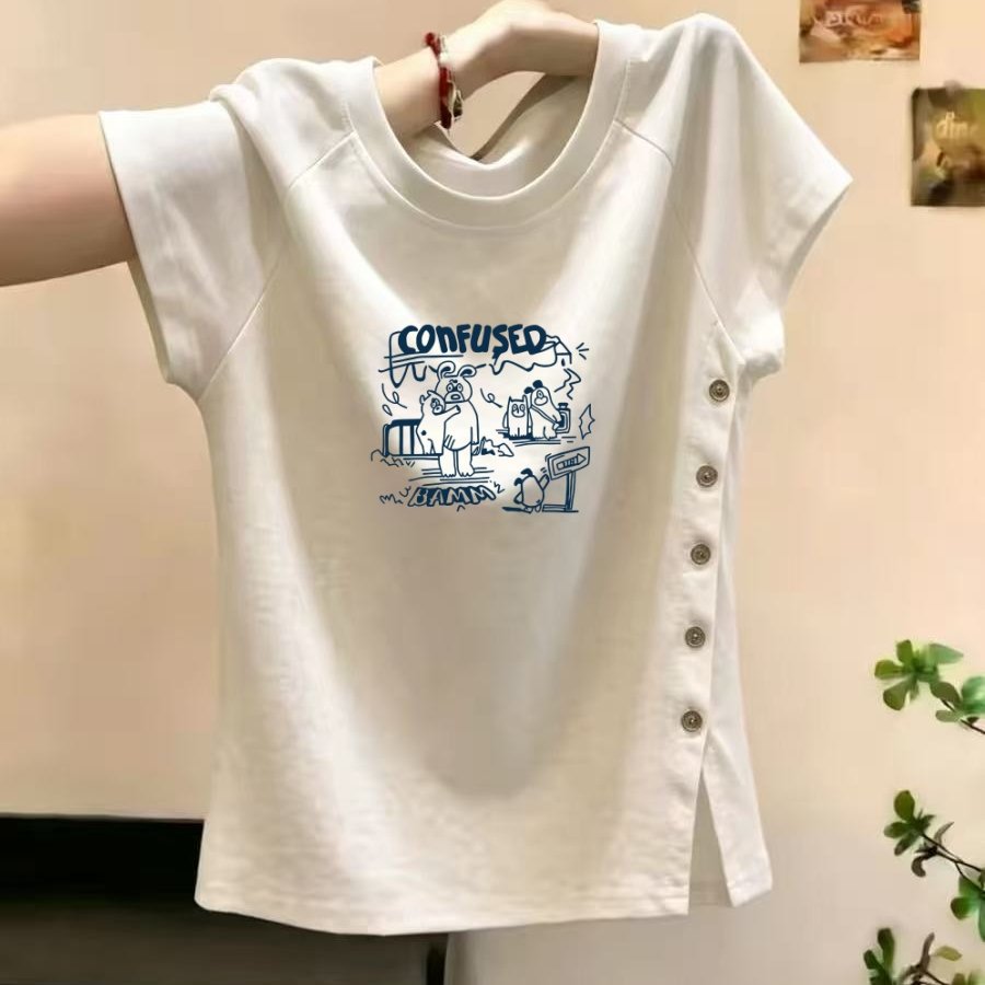 夏季正肩设计感单排扣修身显瘦短款小飞袖短袖T恤上衣女减龄百搭