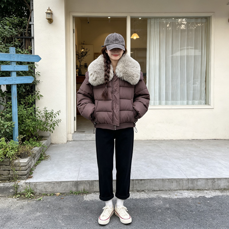 欧货大翻领毛领加厚保暖防寒宽松大码小个子棉服外套女面包服棉袄