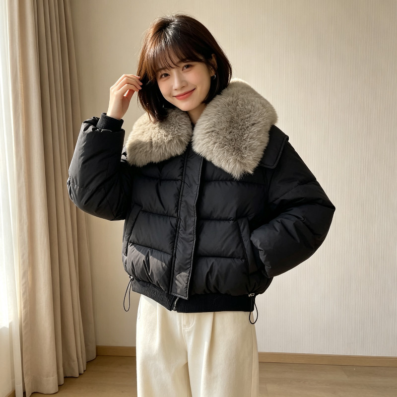 大翻领毛领设计感冬季轻奢气质加厚保暖防寒棉服外套女面包服棉袄