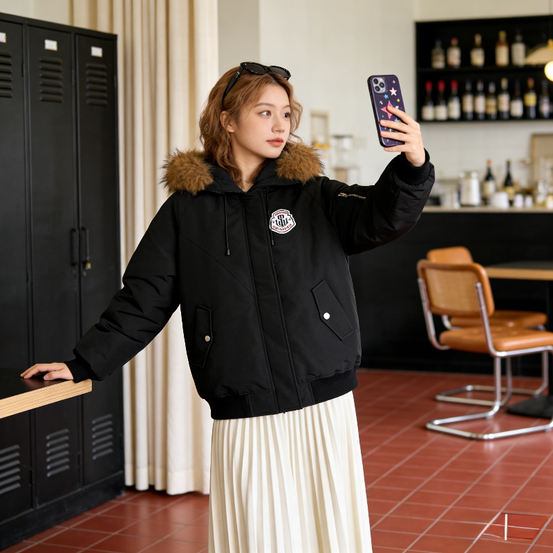 大毛领工装宽松大码小个子连帽加厚保暖棉服外套女派克服棉袄洋气