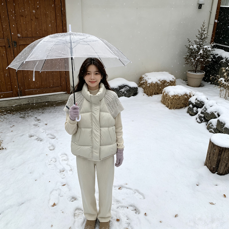 秋冬设计感立领短袖针织拼接休闲宽松大码小个子棉服马夹外套女潮