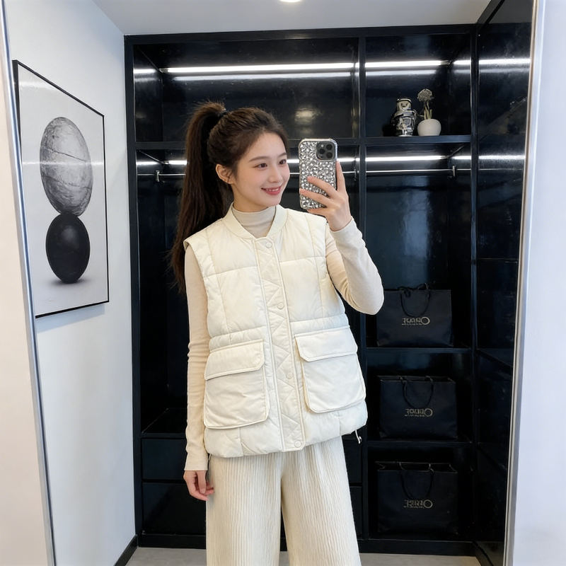 免洗亮面设计感宽松大码小个子无袖坎肩棉服马甲外套女百搭马夹潮