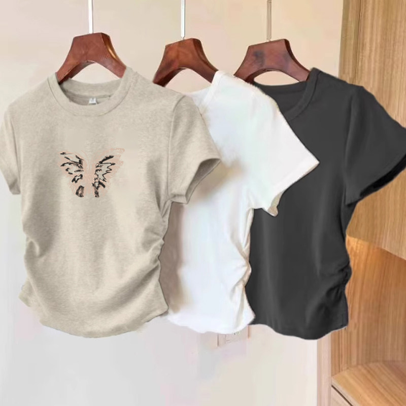 小众设计感蝴蝶正肩短袖T恤女夏季新款高级感褶皱收腰短款ins上衣