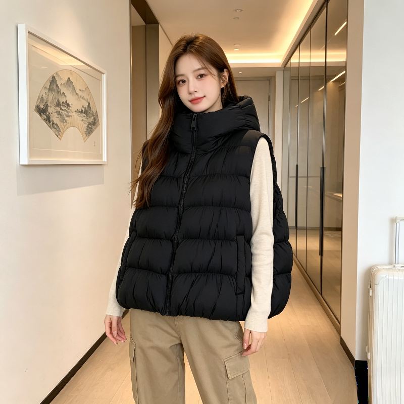 欧货秋冬慵懒风宽松大码连帽加厚保暖泡芙款无袖棉服马夹外套女潮