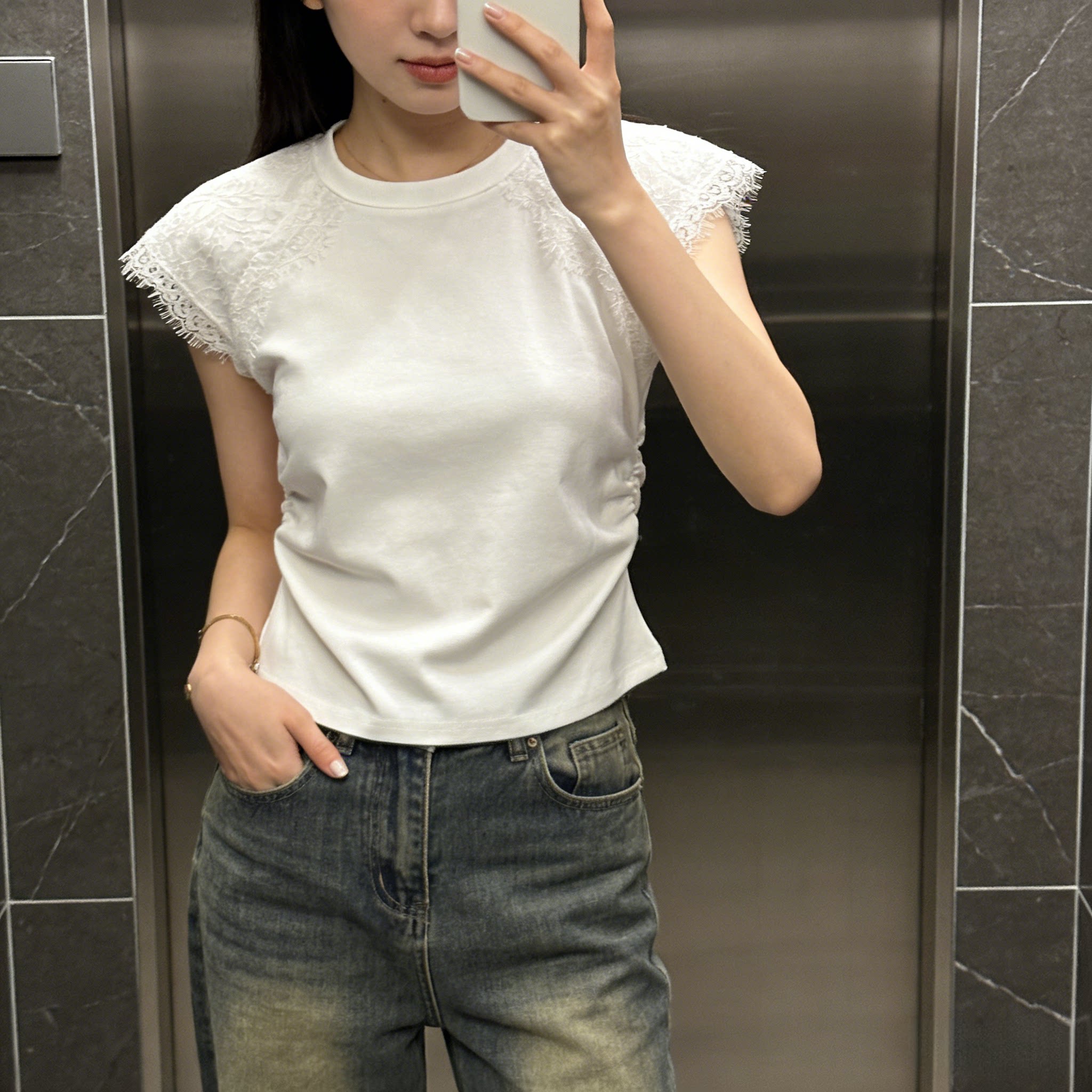 白色小飞袖蕾丝t恤女短袖2026新款夏季小众独特设计感正肩上衣ins