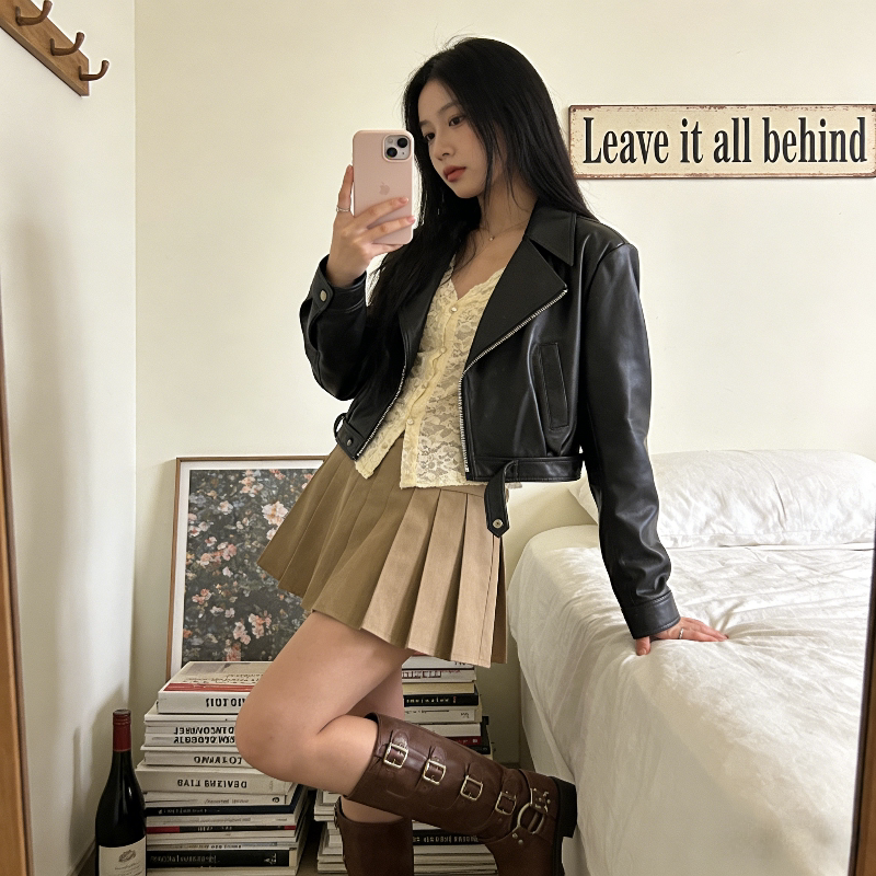 免洗亮面设计感宽松大码小个子pu皮短款洋气皮衣外套女机车夹克潮