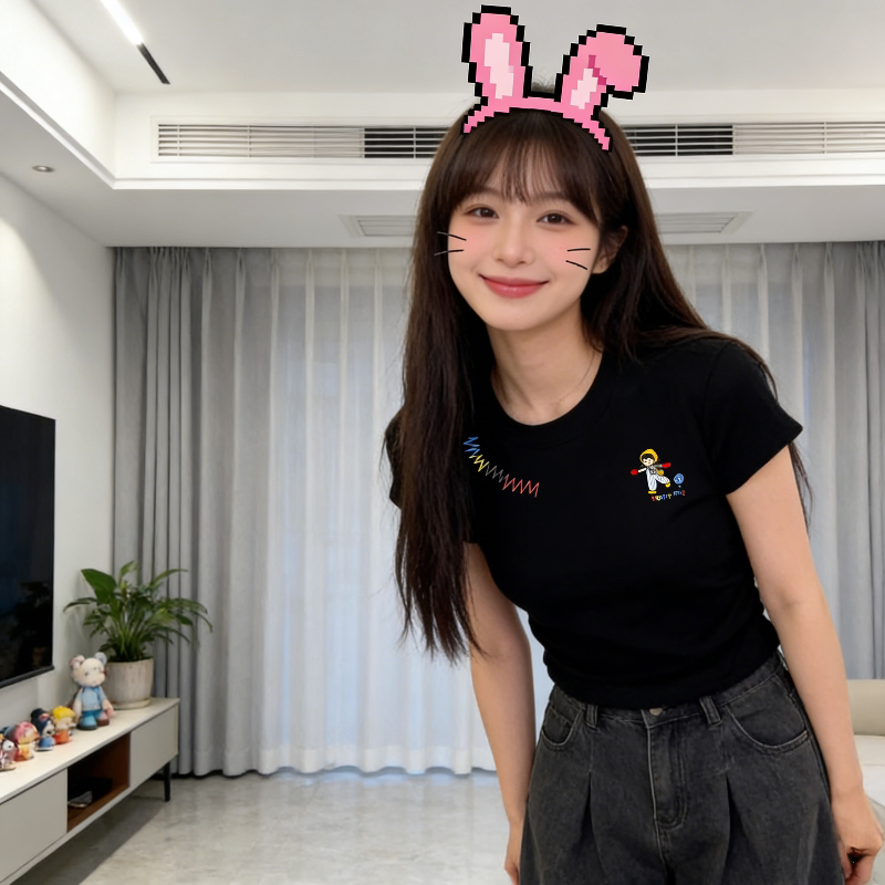 正肩短款圆领短袖T恤女夏季修身显瘦气质设计感抽褶上衣洋气百搭