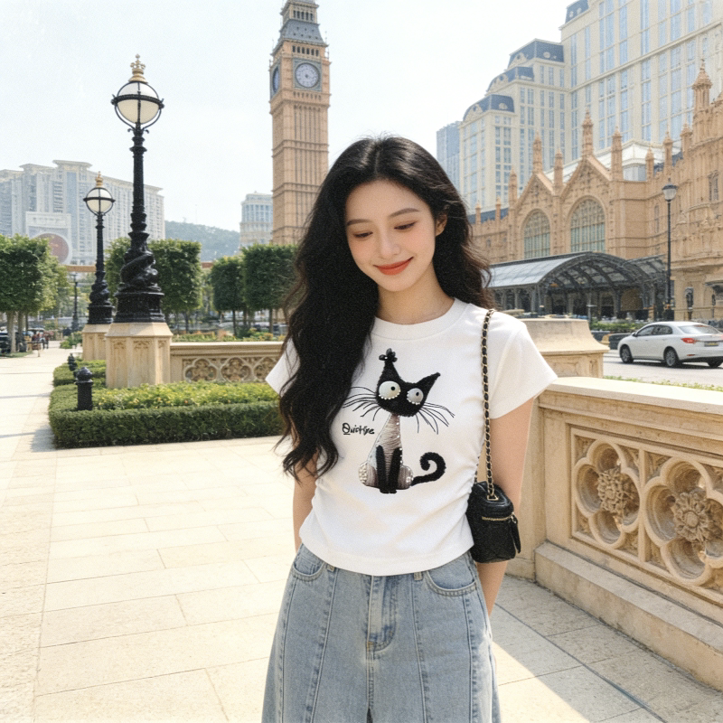 白色正肩短袖T恤女夏季短款设计感小众修身显瘦小个子上衣百搭潮