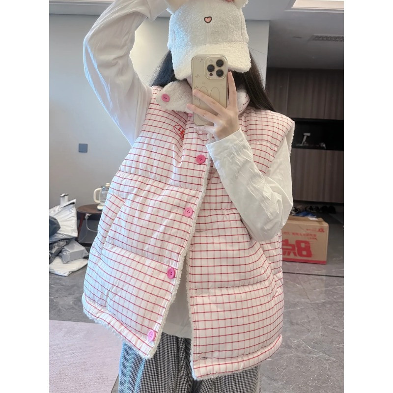 双面两穿设计感格子羊羔毛保暖防寒秋冬无袖坎肩立领棉服马夹女潮