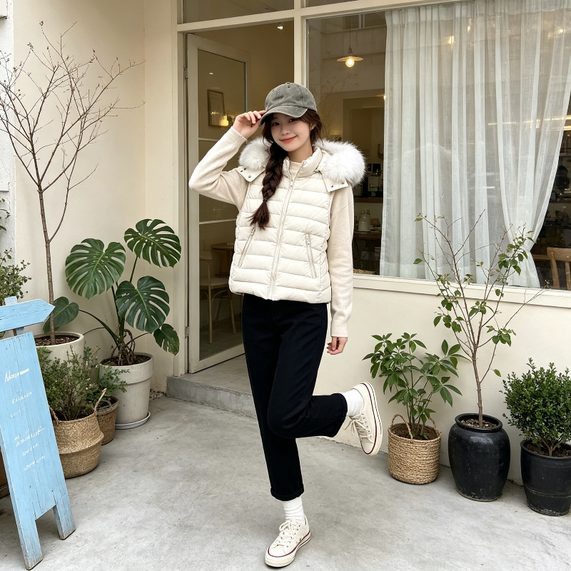 轻薄款排骨服马夹外套女秋冬设计感连帽大毛领修身无袖棉服洋气潮