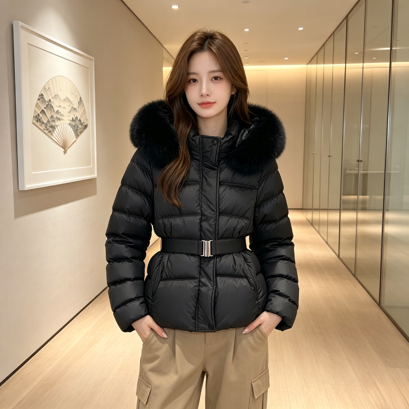 欧货大毛领连帽加厚保暖宽松大码小个子休闲收腰气质棉服外套女潮