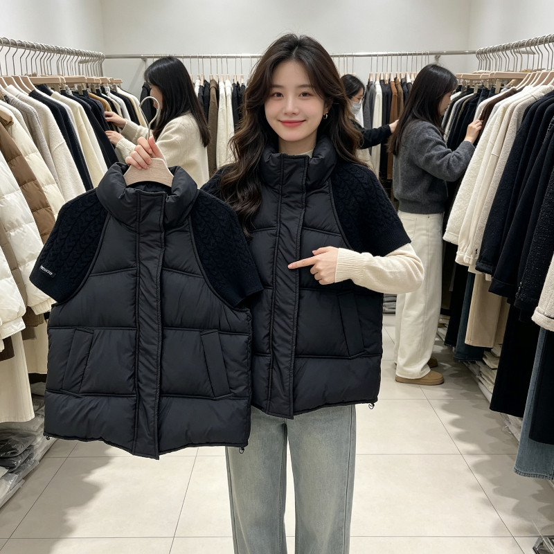 欧货冬季立领针织短袖拼接设计感宽松休闲小个子棉服马夹外套女潮