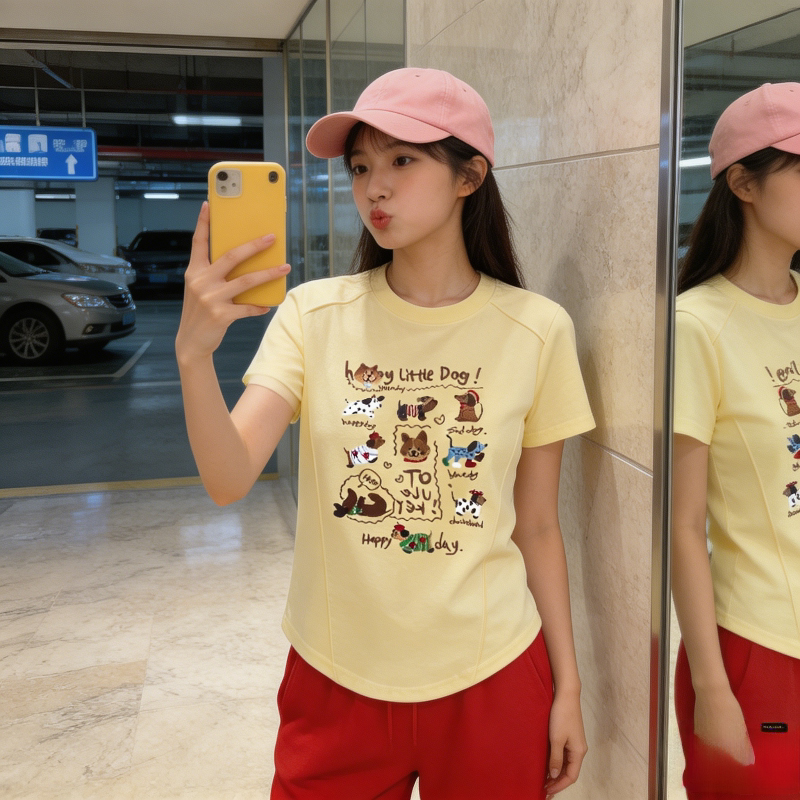 奶黄色减龄设计感鱼骨线正肩显瘦休闲百搭短袖T恤上衣女洋气学生