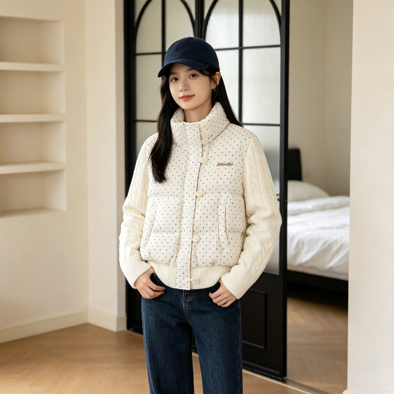 秋冬设计感针织麻花袖子拼接休闲宽松小个子立领棉服外套女面包服