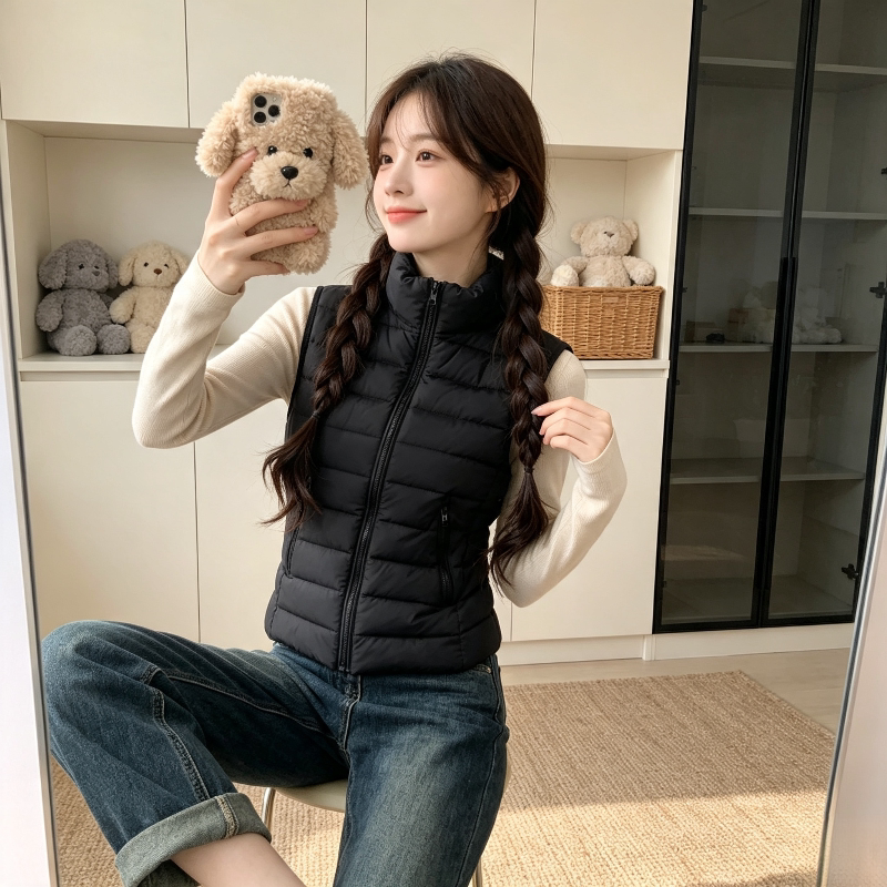 欧货修身立领无袖坎肩小个子轻薄款排骨棉服马夹外套女洋气减龄潮