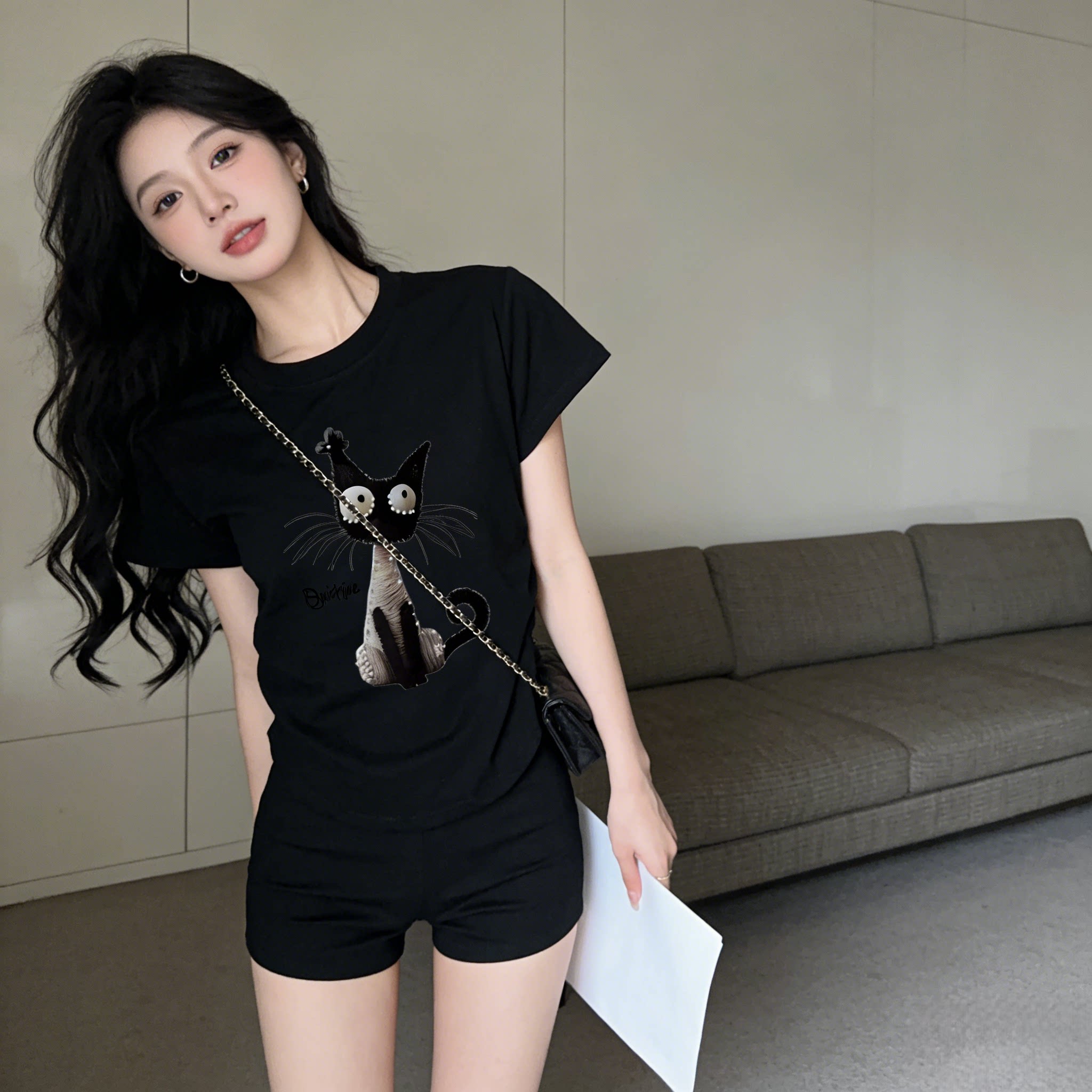 短款高腰卡通猫咪图案印花短袖T恤女2026夏新款钉珠体恤小衫上衣