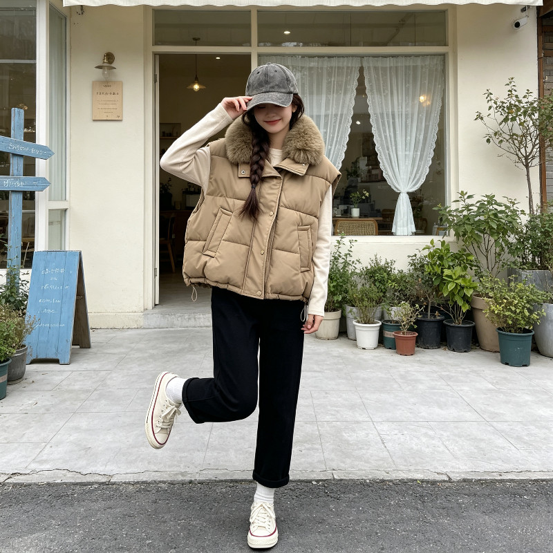 欧货大毛领设计感休闲宽松大码小个子短款气质棉服马夹外套女洋气