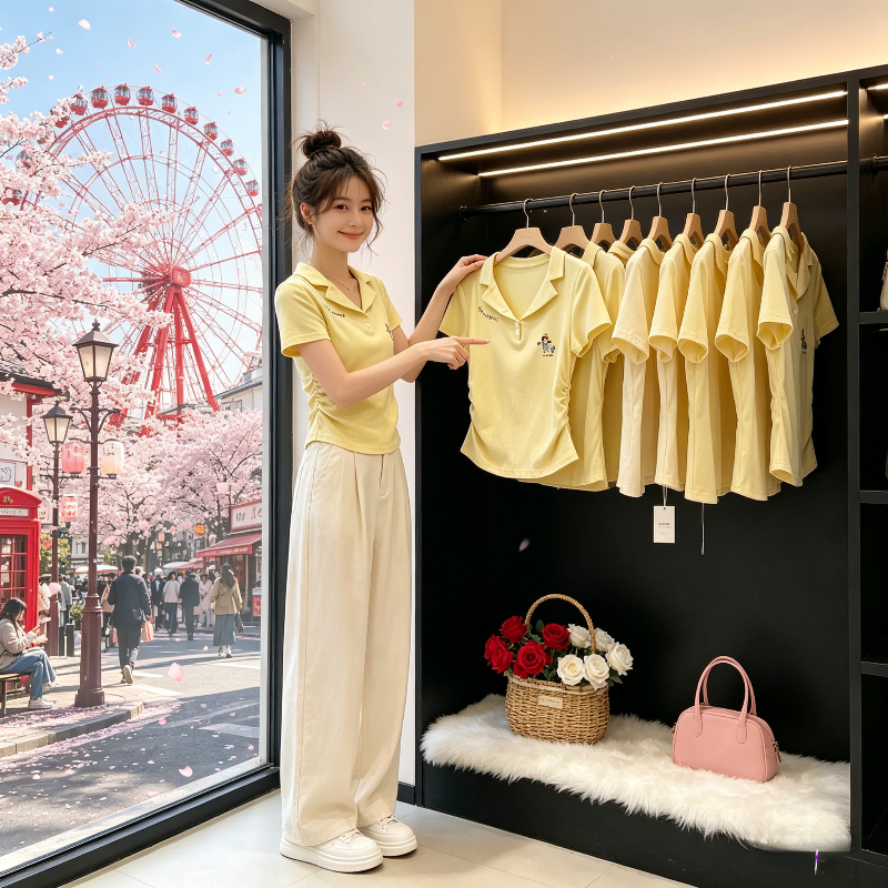 温柔风奶油黄设计感减龄polo衫翻领短款小众小个子短袖T恤女上衣