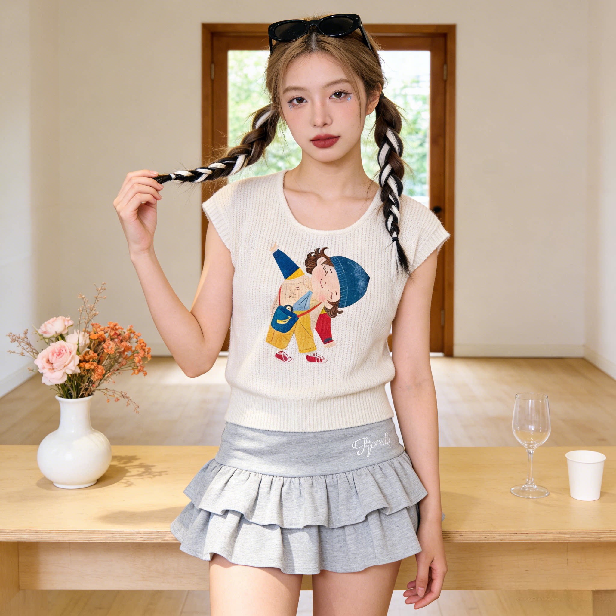 白色慵懒风正肩印花短袖t恤女夏季2026新款u领针织衫小众宽松上衣