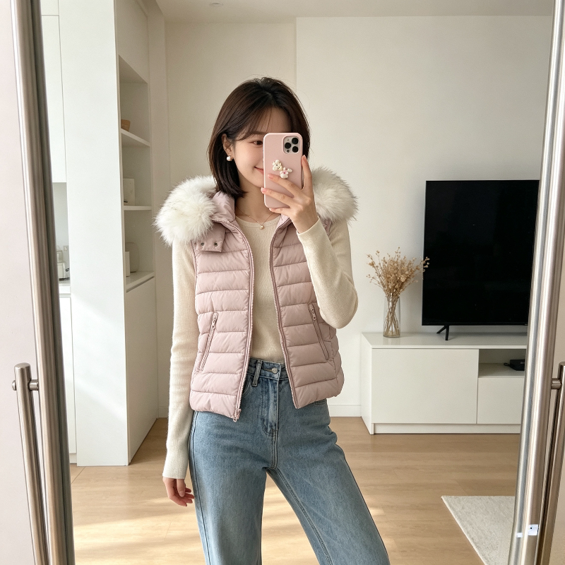 轻薄款无袖排骨服棉衣马夹外套女秋冬保暖修身小个子大毛领洋气潮