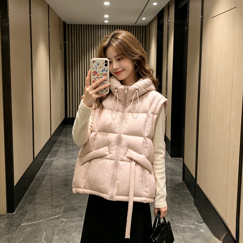 粉色温柔风减龄宽松大码小个子连帽加厚保暖休闲棉服马夹外套女潮