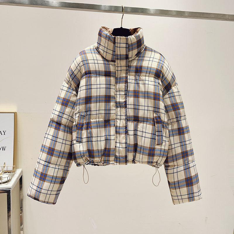 冬季百搭格子面包服韩版小众设计感宽松学生棉服保暖百搭立领外套