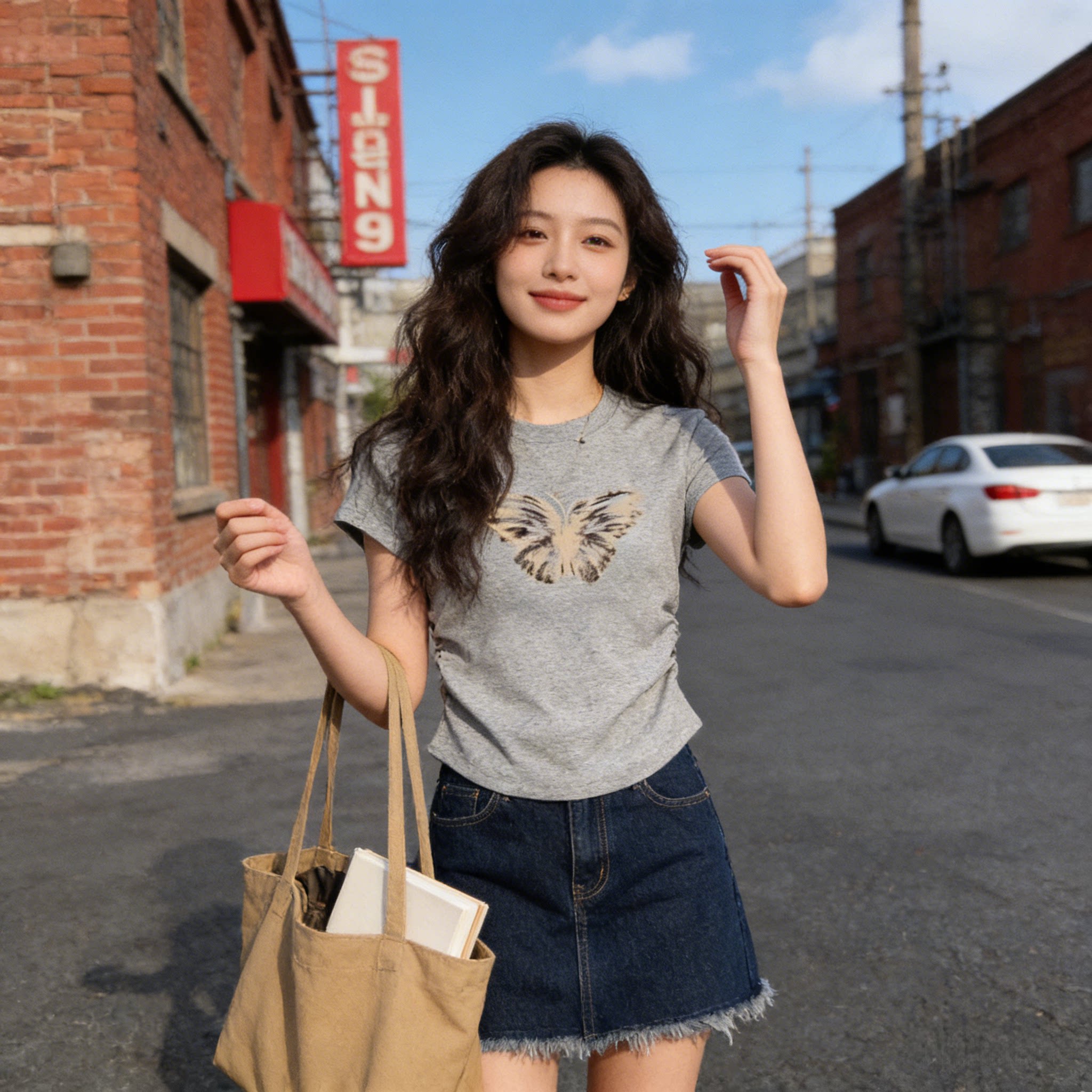 灰色设计感蝴蝶短袖T恤女夏季新款掐腰甜辣妹小个子女生短款上衣