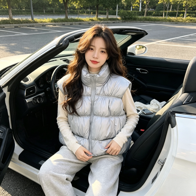 温柔风蓝色立领宽松大码小个子休闲百搭无袖坎肩棉服马夹外套女潮