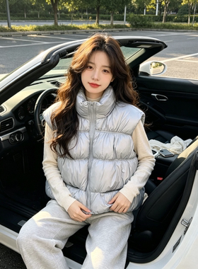 温柔风蓝色立领宽松大码小个子休闲百搭无袖坎肩棉服马夹外套女潮