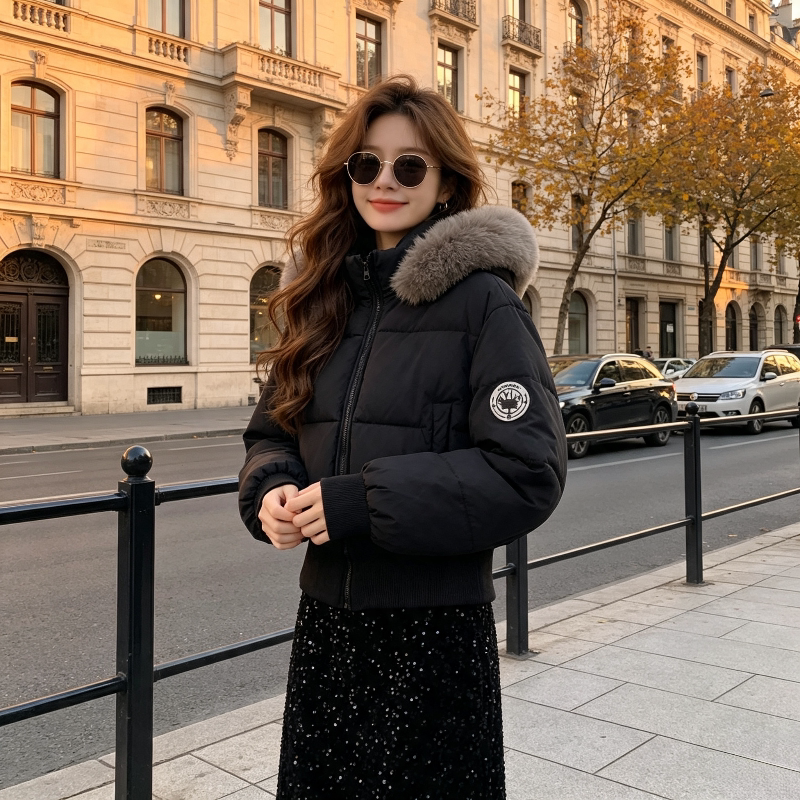 冬季大毛领加厚保暖防寒宽松小个子休息百搭棉服外套女连帽面包服