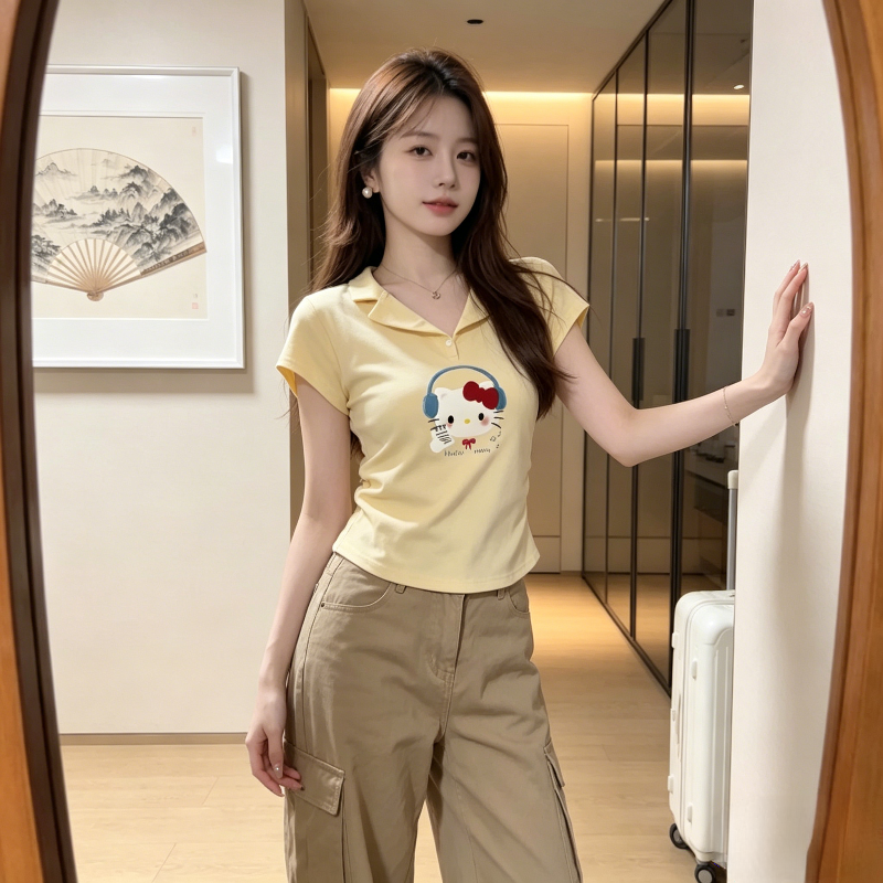 夏季正肩短款设计感Polo衫短袖掐腰显瘦小个子小众短袖T恤女上衣