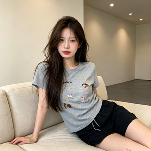 欧货夏季正肩圆领小飞袖短袖T恤上衣女减龄修身百搭气质小个子潮