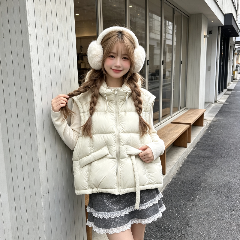 温柔风连帽小个子宽松大码加厚保暖无袖坎肩棉服马夹外套女减龄潮
