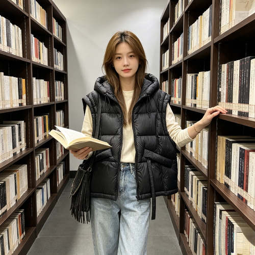 欧货秋冬设计感宽松大码小个子连帽无袖坎肩棉服马夹外套女减龄出