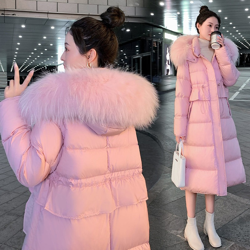 粉色减龄连帽毛领中长款过膝收腰显瘦小个子保暖防寒棉服外套女潮
