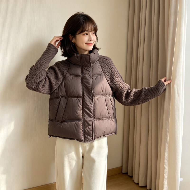 冬季针织麻花袖子拼接立领宽松小个子大码棉服外套女百搭气质洋气