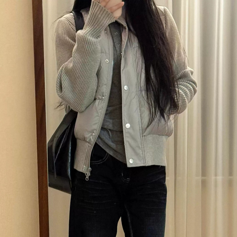 欧货针织袖子拼接立领设计感休闲小个子百搭棉服外套女气质面包服