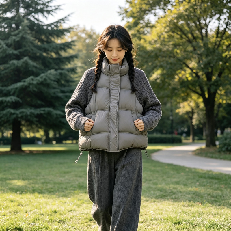 欧货冬季针织麻花袖子拼接设计感宽松休闲加厚保暖棉服外套女洋气