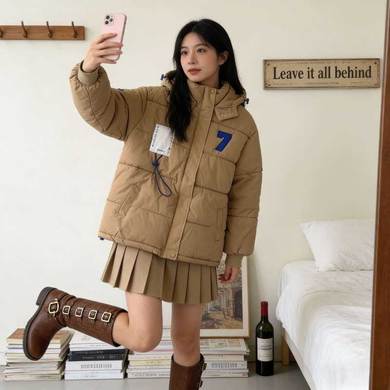 ins时尚拼接棉服女冬季新款美式超好看宽松保暖加厚面包服百搭