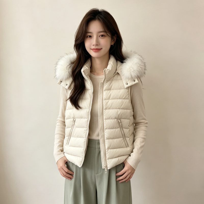 大毛领温柔风秋冬连帽设计感无袖坎肩修身小个子排骨服棉服马夹女