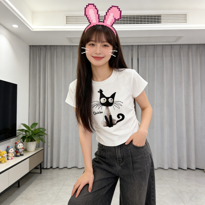 正肩短袖T恤女夏季短款小个子设计感小众修身显瘦气质上衣洋气潮