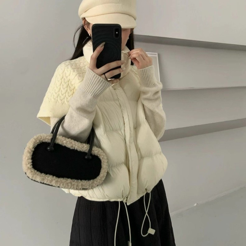 欧货针织袖子拼接设计感立领休闲宽松大码小个子短袖棉服马夹女潮