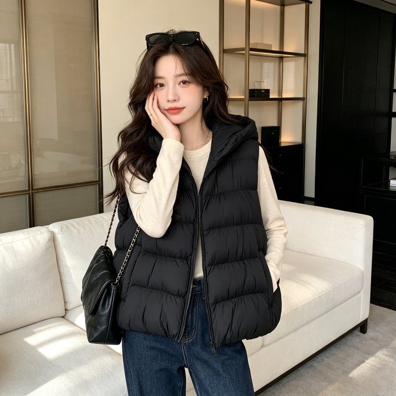 秋冬慵懒风宽松大码小个子连帽加厚保暖泡芙款无袖棉服马夹外套女